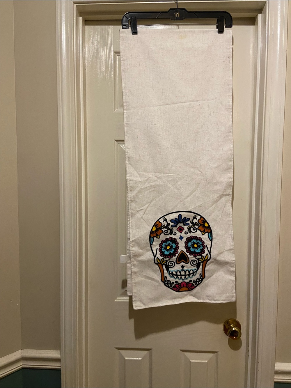 Embroidered Sugar Skull Table Runner - Cream